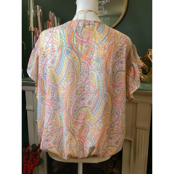 Umgee USA Pastel Paisley Bubble Hem Blouse Pink Orange Blue Medium - Picture 3 of 5